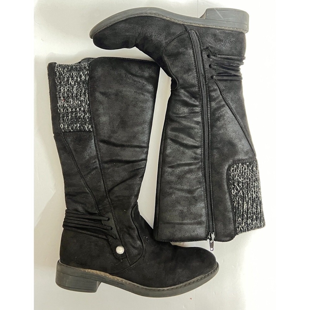 Girls Black Knit Trim Side Zip Knee High‎ Boots